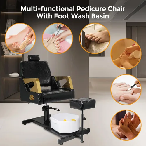 Vista 6 de Silla de pedicura con taburete y baño de pies de masaje, estación de pedicura giratoria de 360°, altura ajustable hidráulica, sin fontanería