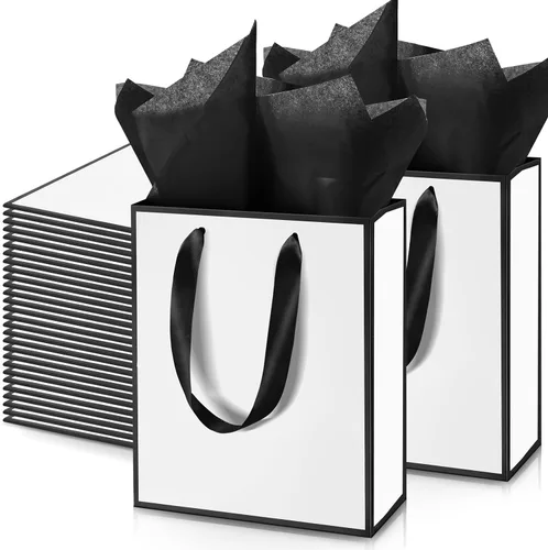 Vista 22 de Yeaqee Paquete de 100 bolsas metálicas de regalo con asa y papel de seda de papel de seda dorado para graduación, boda, padrinos de boda, regalos