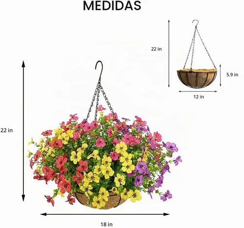 Vista 2 de Flores artificiales en cesta, cestas colgantes artificiales con flores para exteriores e interiores, decoración de patio, canasta de coco de 12