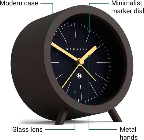 Vista 4 de NEWGATE Reloj despertador Fred Diseño moderno de barril Marrón chocolate y azul Ideal para mesita de noche, escritorio o estante Moderno