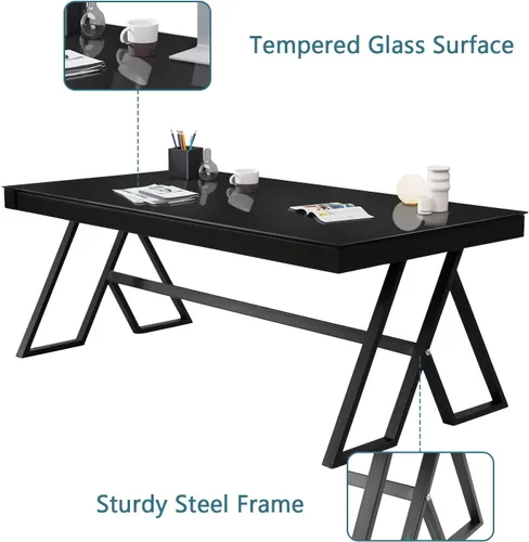 Vista 4 de Mesa de centro para sala de estar de 46 pulgadas, mesa de té de vidrio templado, mesa de cóctel, mesa de centro de patas triangulares de metal, mesa