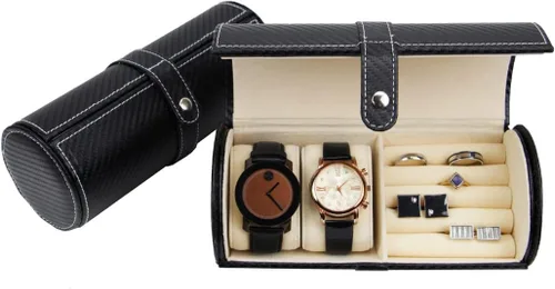 Vista 8 de Reloj de viaje y funda para gemelos estilo rollo negro carbono