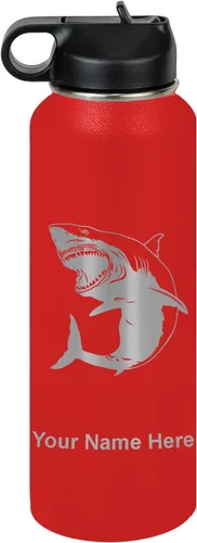 Vista 8 de LaserGram Botella de agua personalizada, gran tiburón blanco, acero inoxidable de doble pared aislada al vacío con popote superior, regalo grabado