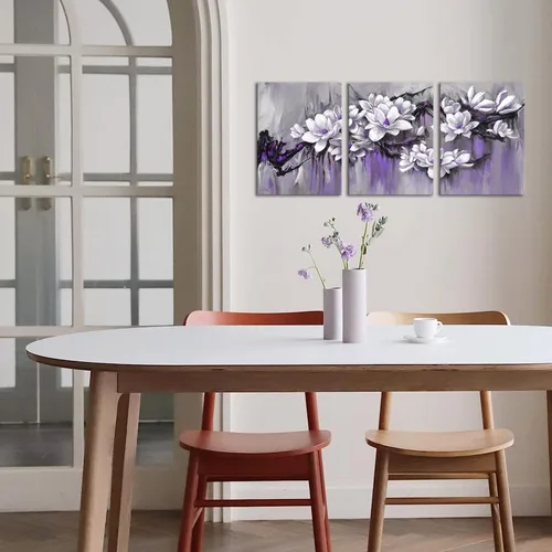 Vista 2 de FuShvre Pinturas de flores moradas en lienzo para pared, imágenes de magnolia, decoración de pared floral púrpura y gris para decoración de pared
