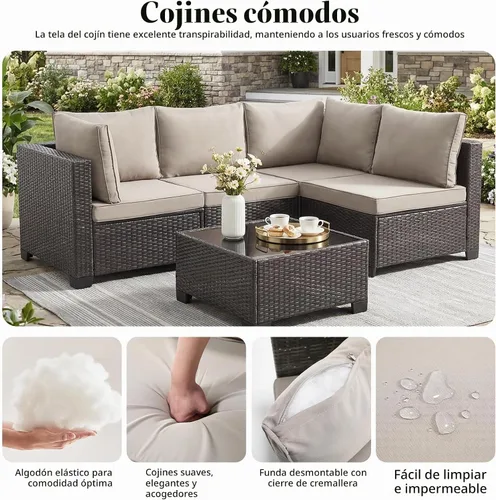 Vista 3 de ANJ Juego de muebles de mimbre para patio de 3 piezas, sofá modular de dos plazas con mesa de centro de cristal, juego de sofá de conversación
