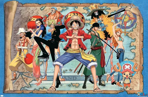Vista 9 de One Piece - Póster de pared con mapa grupal, 22.4 pulgadas de largo x 14.7 pulgadas de ancho, versión enmarcada de madera de granero