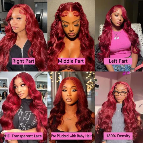 Vista 5 de MUPRETTY Pelucas de cabello humano con encaje frontal color burdeos, densidad del 180 %, peluca de encaje frontal de 13 x 4 pulgadas, con cabello