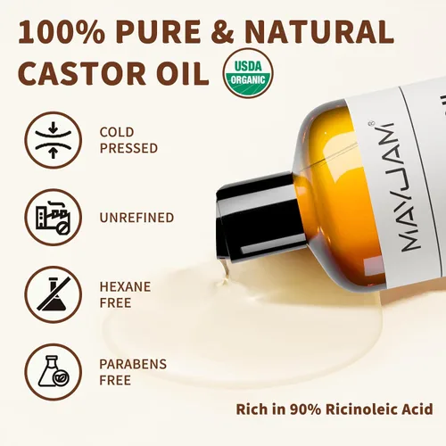 Vista 2 de MAYJAM Aceite de ricino orgánico de 16 onzas, aceites de ricino prensados en frío 100% puros para el crecimiento del cabello, cejas, pestañas