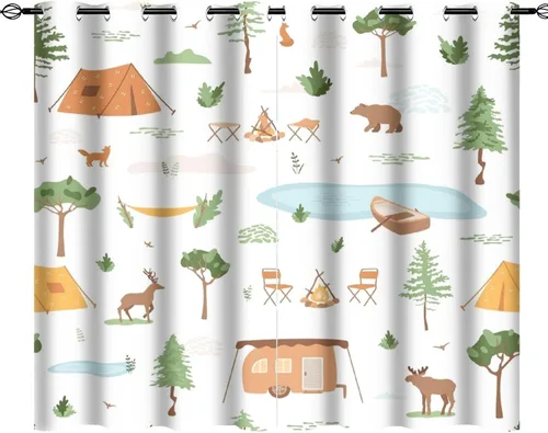 Vista 33 de Cortinas abstractas con estampado de cámper de caricaturas, divertido tema de aventura, campamento, montañas, vida silvestre, oso, tratamiento
