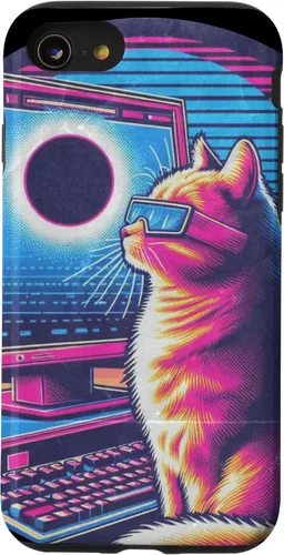 Vista 13 de iPhone 15 Cat Solar Eclipse - Synthwave Retro Poster Style Case