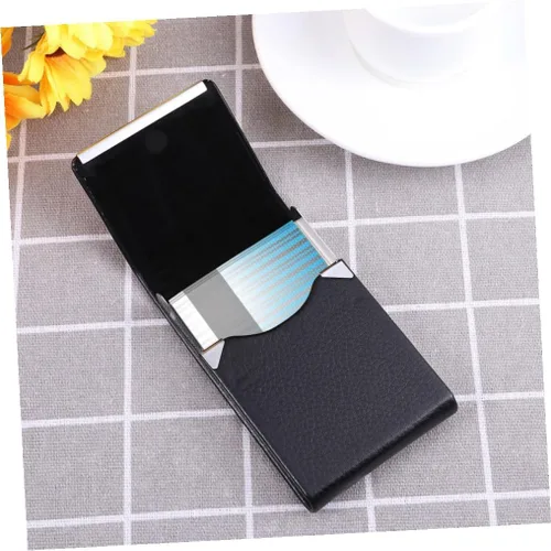 Vista 4 de Operitacx Titular vertical de cuero PU acero moda sección portador tarjeta exquisita negro capacidad metal unisex negocios bolsillo caso visita