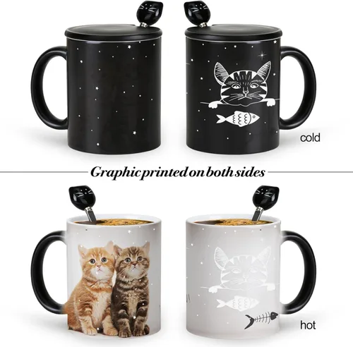 Vista 5 de Tazas únicas para gatos, tazas de café que cambian de color de 11 onzas – The Fish is Delicious – Taza de Halloween con tapa negra y cuchara