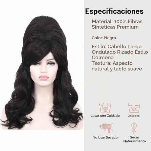 Vista 4 de Peluca negra de colmena grande y rizada para mujer, disfraz de Halloween de Negro