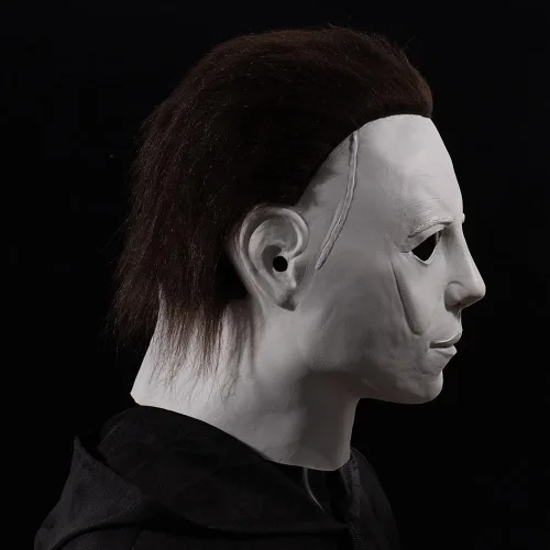 Vista 3 de Máscara de Halloween de látex de cabeza completa, disfraz de cara de película de terror, máscara original con cabello