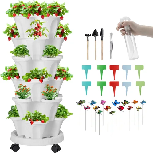 Vista 82 de GameXcel Torre de maceta vertical, macetas apilables de 3 niveles con ruedas y herramientas de jardín, macetas para plantas de fresa, hierbas
