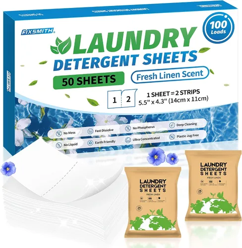 Vista 12 de FIXSMITH Hojas de detergente para ropa – 60 cargas (30 hojas) aroma de lino fresco – hipoalergénicas, ecológicas, hojas de jabón de lavandería ultra