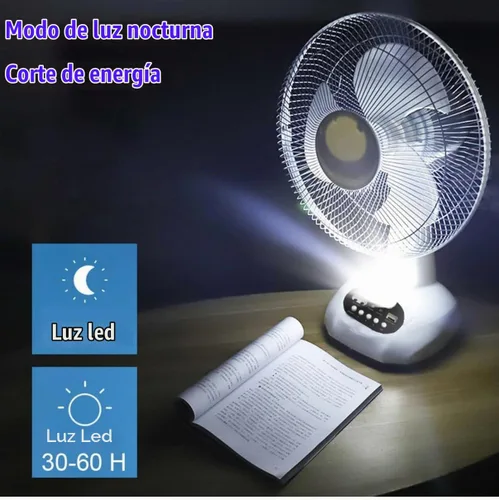 Vista 9 de Ventilador recargable VENTO con panel solar, puerto USB, luz LED nocturna y 2 bombillas gratis. Refrigeración ecológica