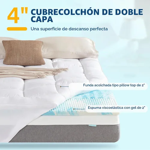 Vista 2 de SINWEEK Cubrecolchón de espuma viscoelástica de doble capa de 4 pulgadas, tamaño Queen, 2 pulgadas de enfriamiento de 5 zonas de espuma