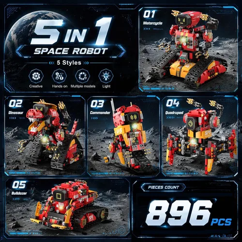 Vista 3 de 5 in 1 Stem Robot Building Kit for Kids,Remote & App Robot,896 Pcs