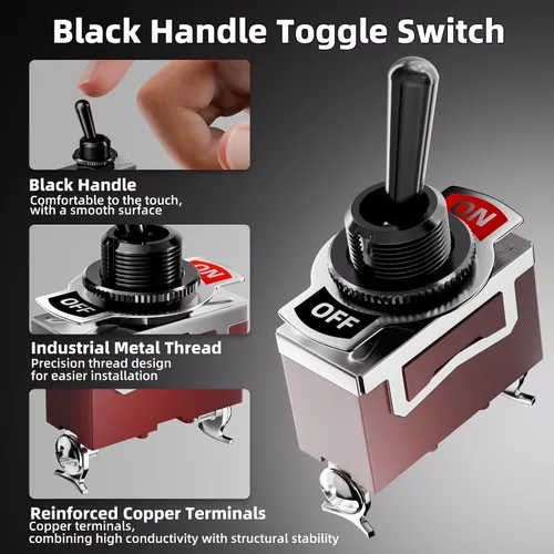 Vista 3 de DaierTek Interruptor de palanca de mango negro resistente de 12 V, SPST 2 pines interruptor de palanca de encendido y apagado, interruptor