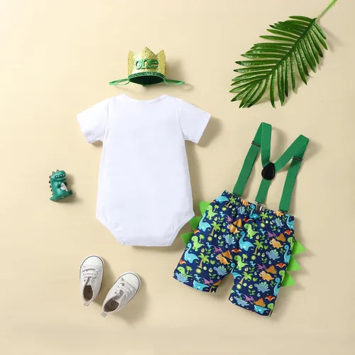 Vista 3 de Conjunto divertido de ropa de primer cumpleaños para bebé niño, con corbatín y estampado de dinosaurio, conjunto de pantalones con tirantes