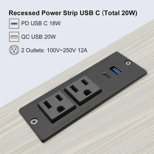 Vista 3 de Regleta de alimentación empotrable USB C, estación de alimentación de escritorio de carga rápida, 2 tomacorrientes, 2 tomas de corriente USB