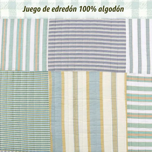 Vista 5 de Cozy Line Home Fashions Juego de ropa de cama de retazos reales a cuadros y rayas verdes, amarillos y azules, 100% algodón, colcha reversible