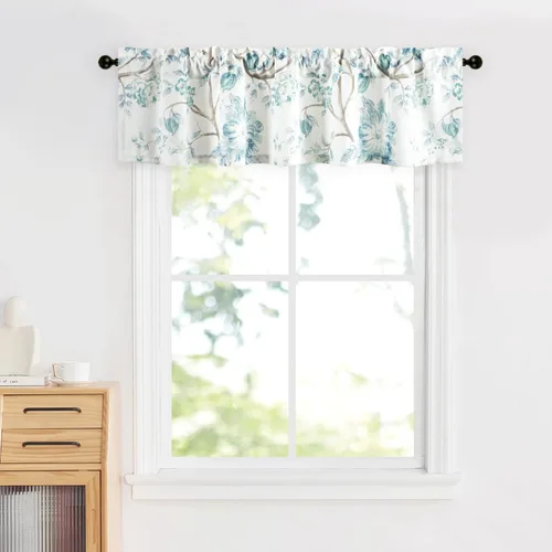 Vista 40 de Leeva Cortinas rústicas de cocina con estampado floral verde mezclado de lino para media ventana, para comedor, bolsillo para barra, cafetería