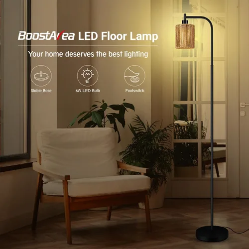 Vista 2 de BoostArea Lámpara de pie industrial, lámpara de pie con pantalla, bombilla LED de 6 W incluida, lámpara de pie moderna con interruptor de pie Negro