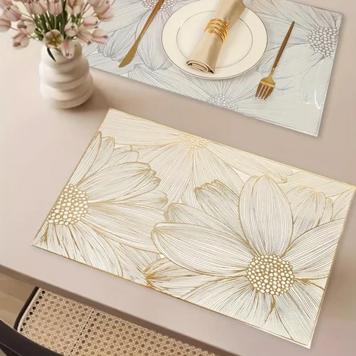 Vista 4 de Juego de 6 manteles individuales cuadrados dorados para mesa de comedor, de vinilo prensado, manteles individuales metálicos lavables y lavables