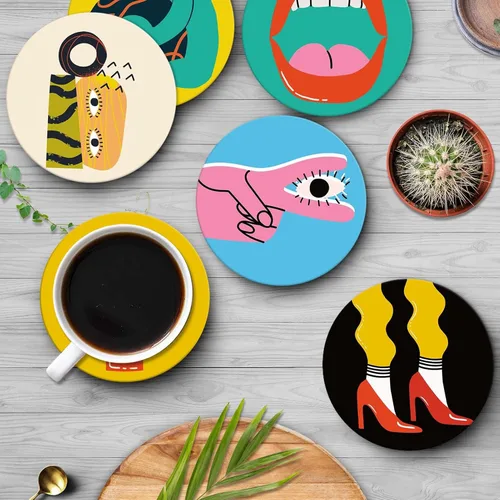 Vista 5 de Britimes Juego de portavasos de mesa para bebidas de 6 piezas, lindo diseño vintage musical retro geométrico absorbente de café redondo de cerámica