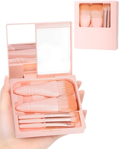 Vista 7 de PGRODE Mini juego de brochas de maquillaje de tamaño de viaje con estuche rígido y espejo integrado, 5 brochas pequeñas para cosméticos, kits