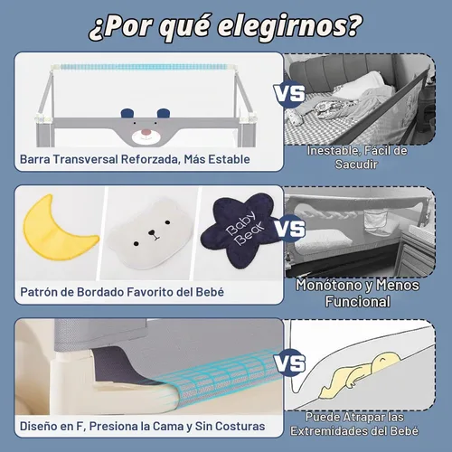 Vista 3 de JWPEHOE Barandilla de cama de 3 piezas para niños pequeños con barra de cabecero, protector de riel ajustable para cama de bebé, cama