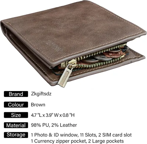 Vista 5 de Zkgiftsdz Cartera de piel con bloqueo RFID para hombre, con ventana de identificación y caja de regalo, color negro, marrón (Wallet-Brown)