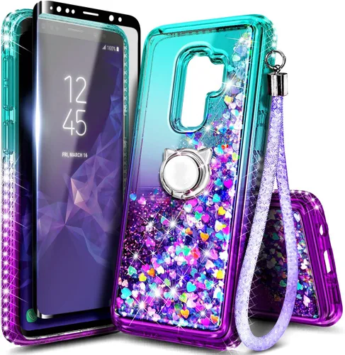 Vista 69 de NGB - Funda para teléfono Samsung Galaxy S9, color aguamarina/morado, bonita funda con purpurina líquida para mujeres y niñas, con protector