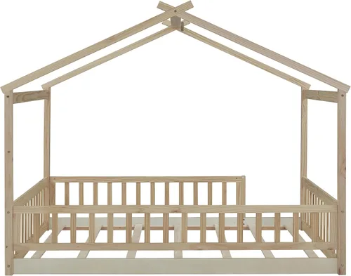 Vista 5 de RUNNA Marco de cama de madera de tamaño matrimonial con valla, para niños, adolescentes, niñas, niños, (Natural-Thinck 4col)