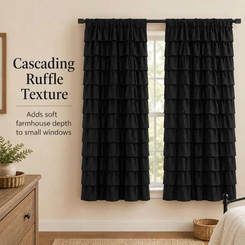Vista 9 de Cortinas negras con volantes, 2 paneles, paneles de ventana con volantes de 12 capas, cortinas de estilo rústico para dormitorio, baño, bolsillo