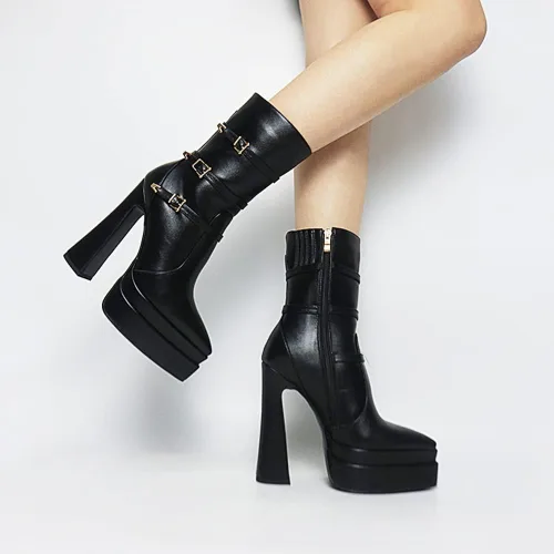 Vista 6 de Artrotter Botas de plataforma puntiaguda para mujer, botas de combate de tacón alto con cremallera de tamaño, botines de plataforma doble apilada