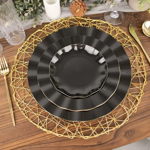 Vista 112 de Tableclothsfactory Paquete de 10 platos redondos de plástico negro de 6 pulgadas para ensalada de postre, platos desechables con borde ondulado