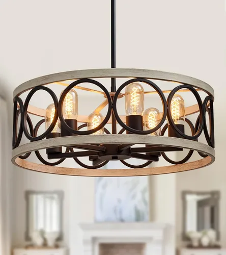 Vista 10 de MEIXISUE Lámparas de Techo de Montaje Semi-empotrado Estilo Granja Moderna, 3 Luces Acabado Negro y Madera Retro, Pantalla de Tambor Lámparas