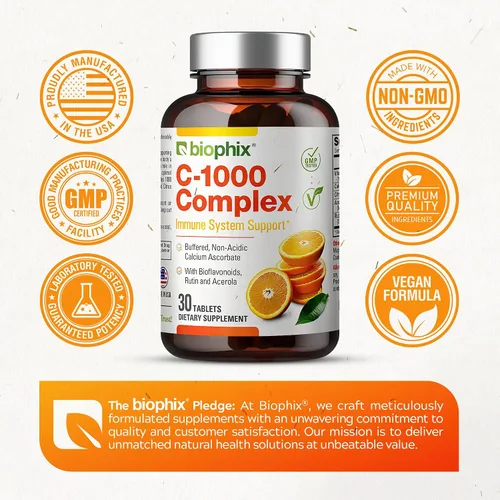 Vista 7 de biophix Vitamina C-1000 mg 30 tabletas Complejo - Vegano con calcio cítrico Bioflavonoides Acerola Rutina - Apoya la salud inmunológica