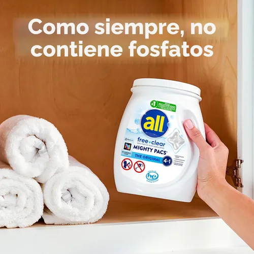 Vista 3 de All Mighty Pacs Detergente para Ropa, Sin Fragancia Sin Colorantes para Piel Sensible, Envase, 60