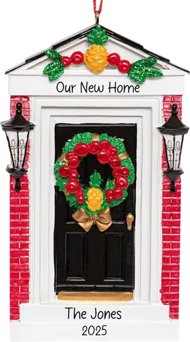 Vista 11 de Adorno de Navidad personalizado para el nuevo hogar 2026 Puerta negra con cinta de purpurina recuerdo único para el árbol de Navidad – Primer año