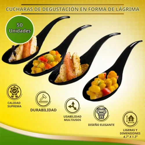Vista 4 de Cucharas de degustación de lágrimas, 50 cucharas desechables de plástico negro, ideal para aperitivos, postres, salsas, salsas y más
