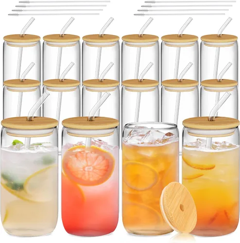 Vista 8 de 12 vasos de vidrio con tapas y pajitas de bambú, vaso de vidrio de 16 onzas, taza de café helado, vasos con forma de lata para café, té, batido