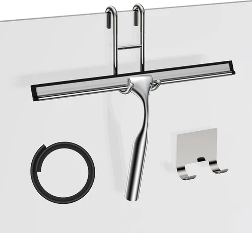 Vista 11 de Shower Squeegee for Glass Doors, 10-Inch Stainless Steel Squeegee Bathroom Doors Mirror Car Windows with Matching Hooks Holder and Replacement Blade