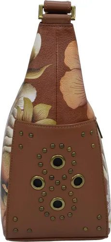 Vista 5 de Anuschka Bolso de hombro de cuero genuino para mujer, obra de arte original pintada a mano, hobo clásico con bolsillos laterales tachonados