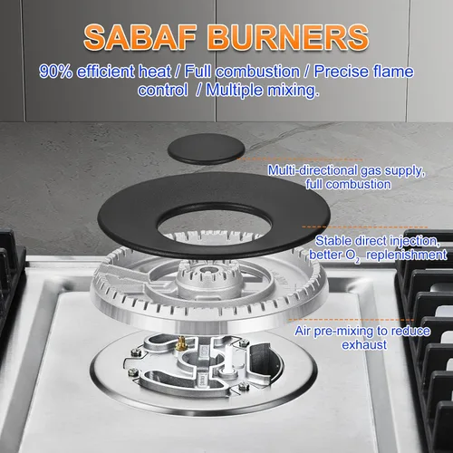 Vista 4 de AMZCHEF Placa de cocina de gas de 30 pulgadas con 5 quemadores SABAF fabricados en Italia. Máx. 48300 BTU/hr Estufa de gas incorporada de acero