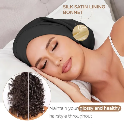 Vista 2 de 2 gorros de satén para dormir para mujer, Multi Adjustable Slouchy Beanie Hat, Night Sleep Cap Hair Wrap for Curly & Natural Hair