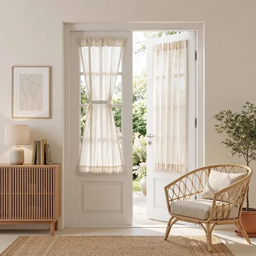 Vista 64 de MYSKY HOME Cortinas naturales de puerta francesa para ventana de puerta, 40 pulgadas de largo, cortas, semitransparentes, filtrantes de luz